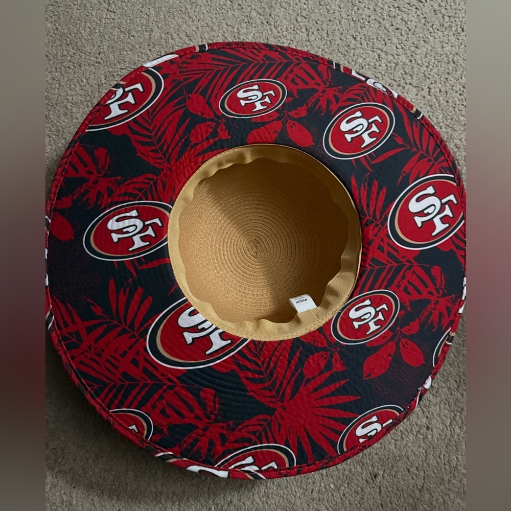 San Francisco 49er sun hat Wide Brim Straw Sun Hat with Red Trim - Picture 3 of 5